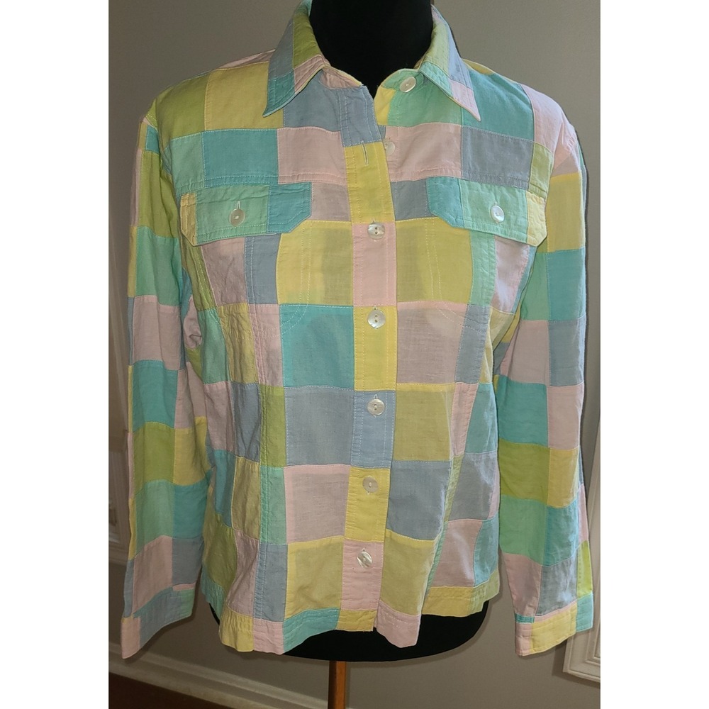 David Brooks Pastel Patchwork Button Front Blouse 100% Cotton Womens Sz Med